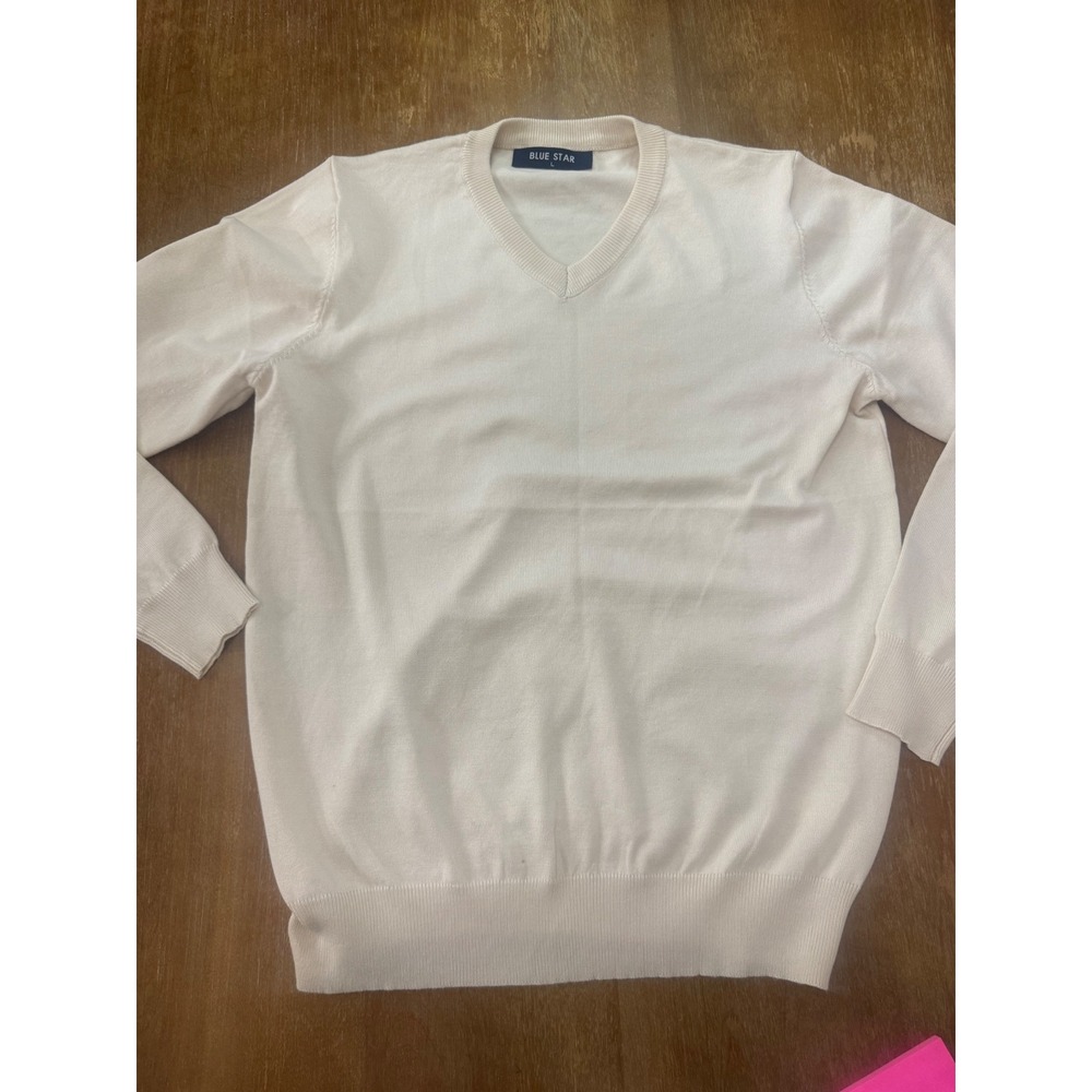 Blue Star Mens V-Neck Sweater Cream Off-White Viscose Blend Knit Large